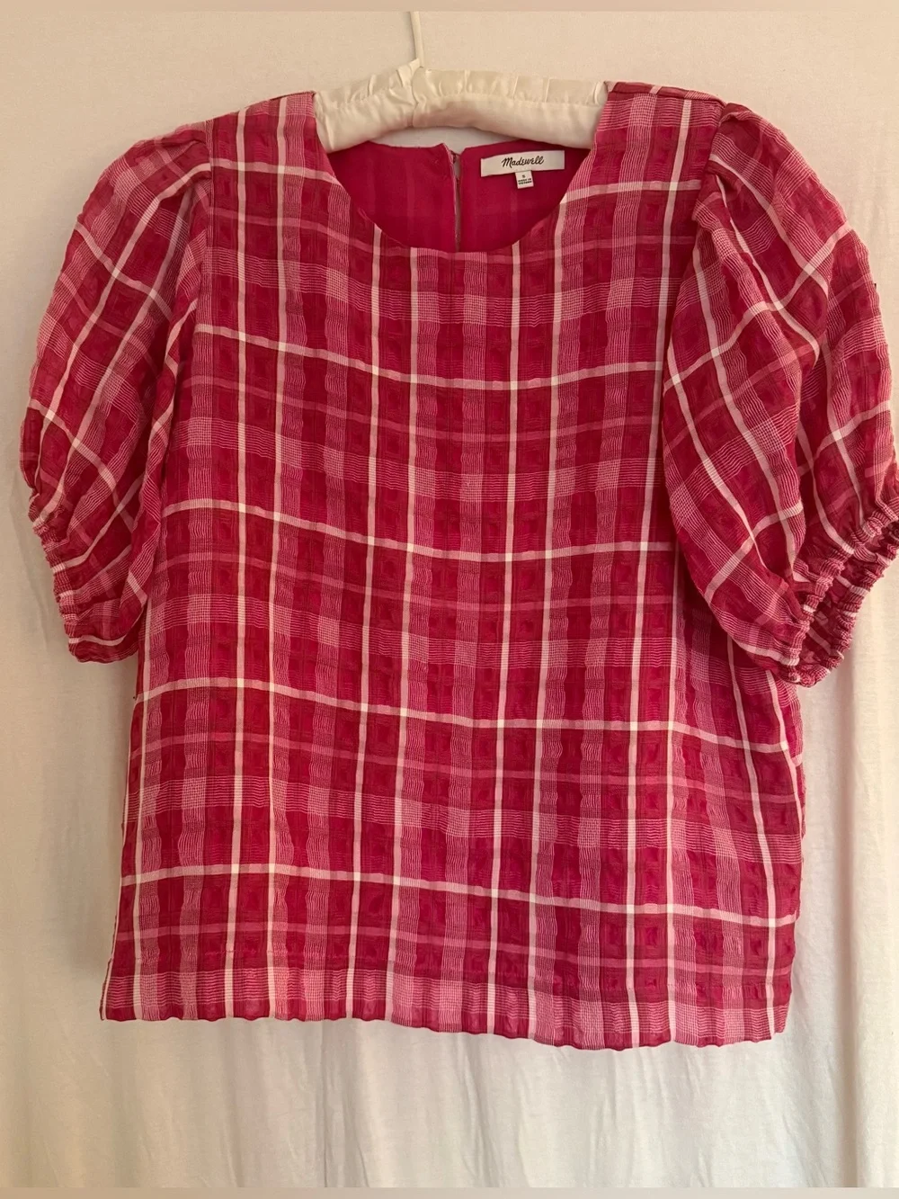 Madewell Pink Plaid Puff-Sleeve Blouse